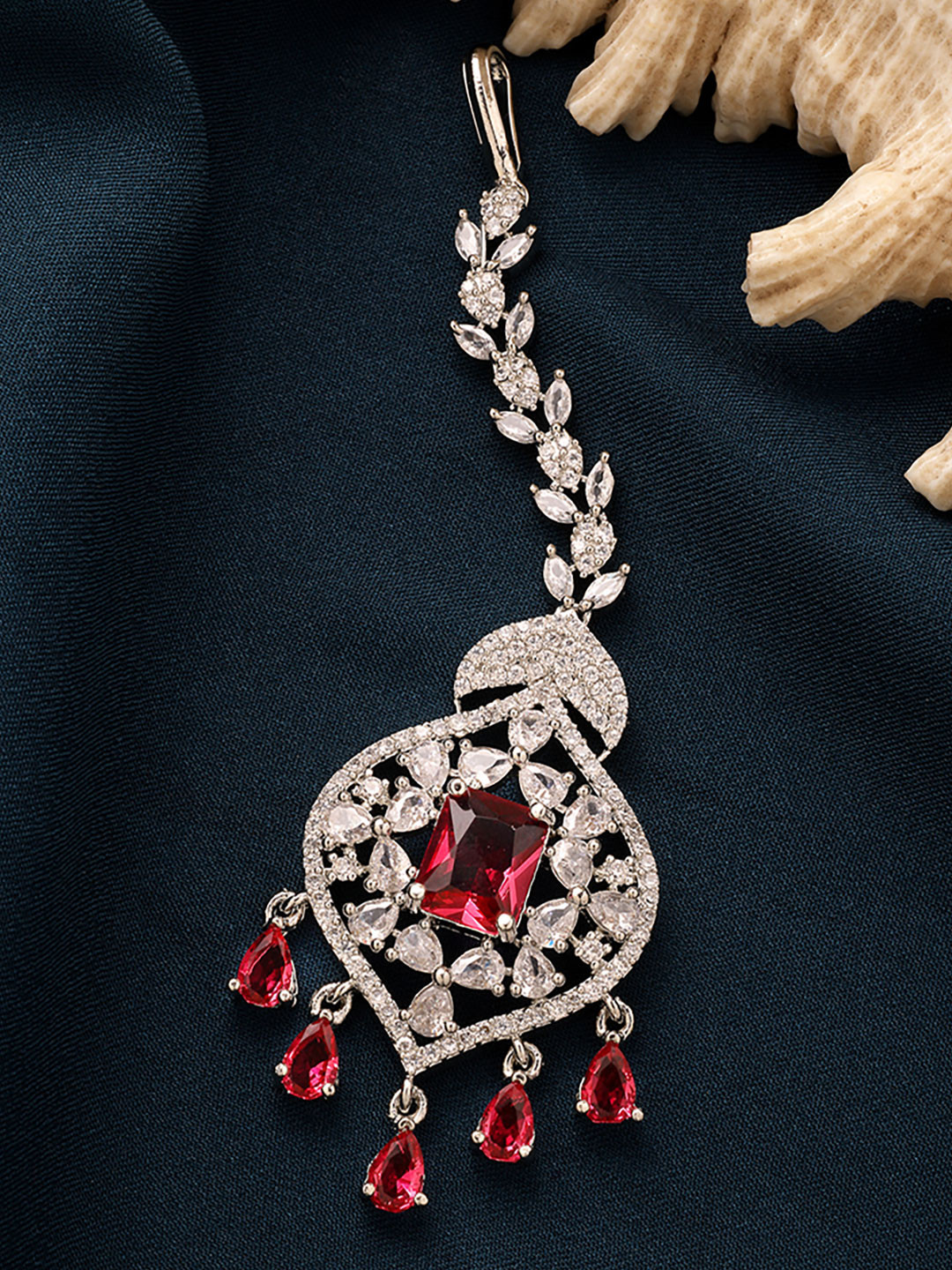 ZENEME Rhodium Plated Silver Toned Pear-Shaped with Red Dangling Stones Maangtikka