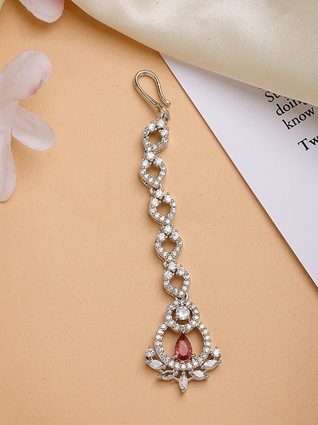 ZENEME Rhodium-Plated American Diamond & Crystal Stone Studded Maang Tikka