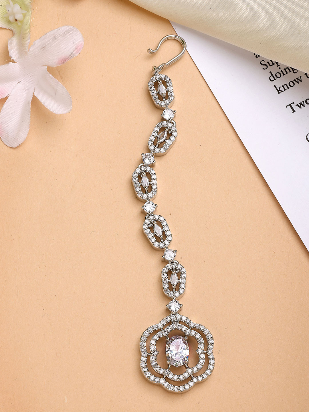 ZENEME Rhodium Plated American Diamond & Crystal Stone Studded Maang Tikka