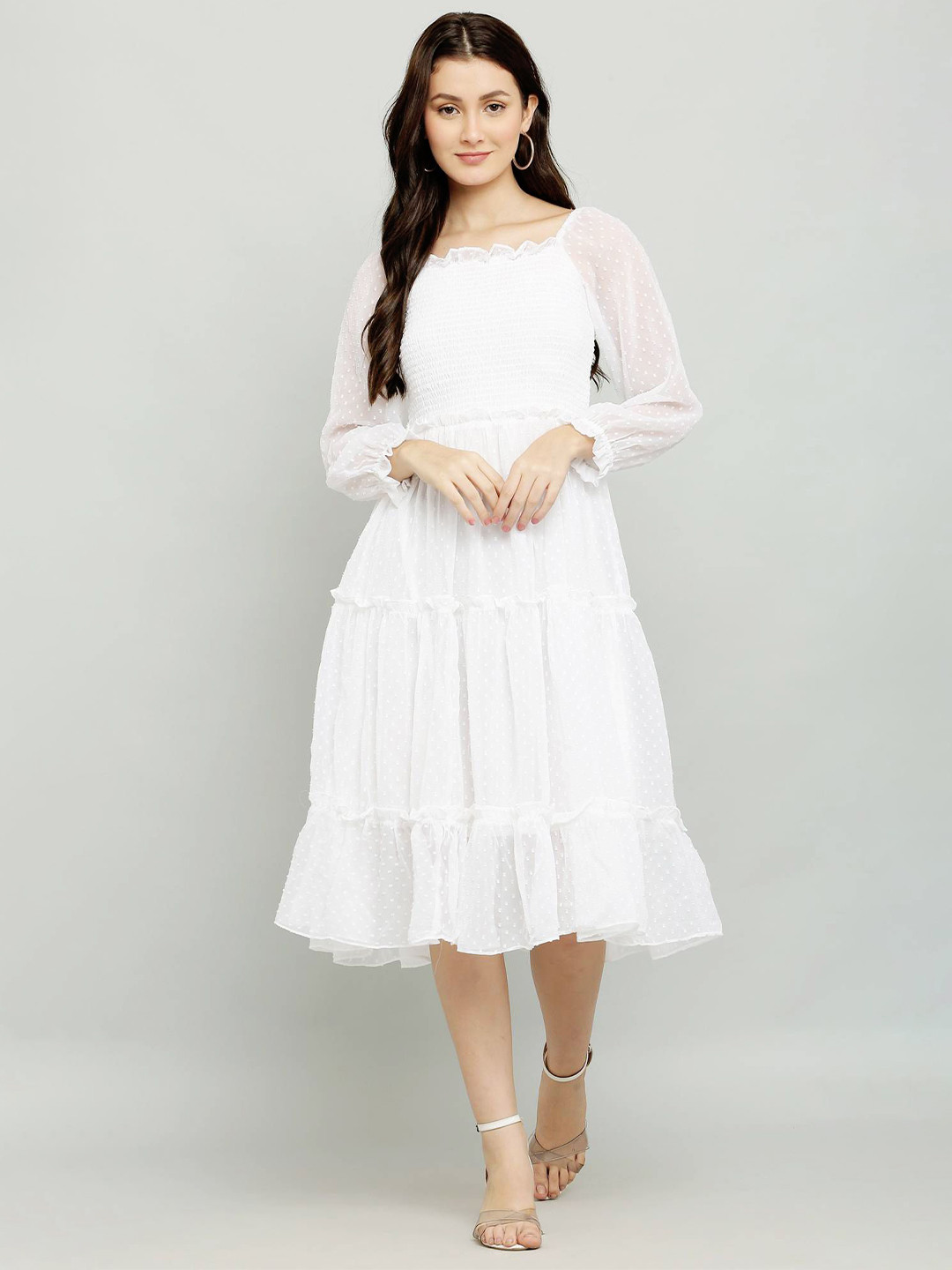 Jitisha Women Self Design Cuffed Sleeve Fit & Flare Midi Dress