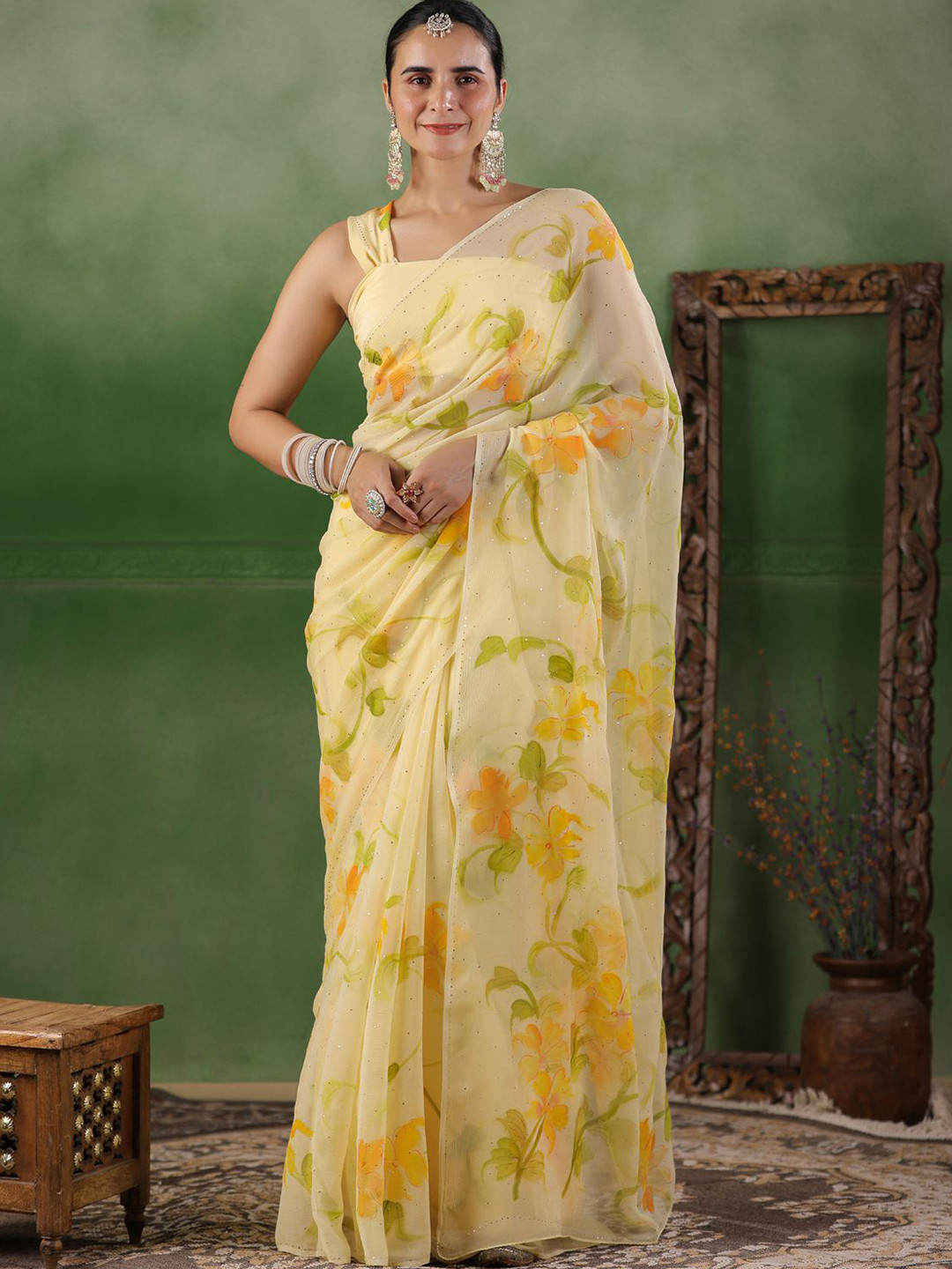 Geroo Luxe Floral Beads and Stones Pure Chiffon Saree