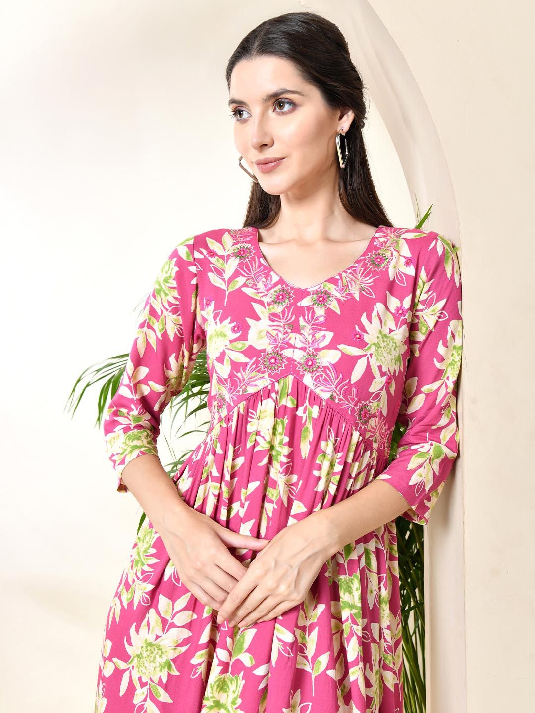 Dipani Floral Printed V-Neck Embroidered Fit & Flare Midi Ethnic Dress