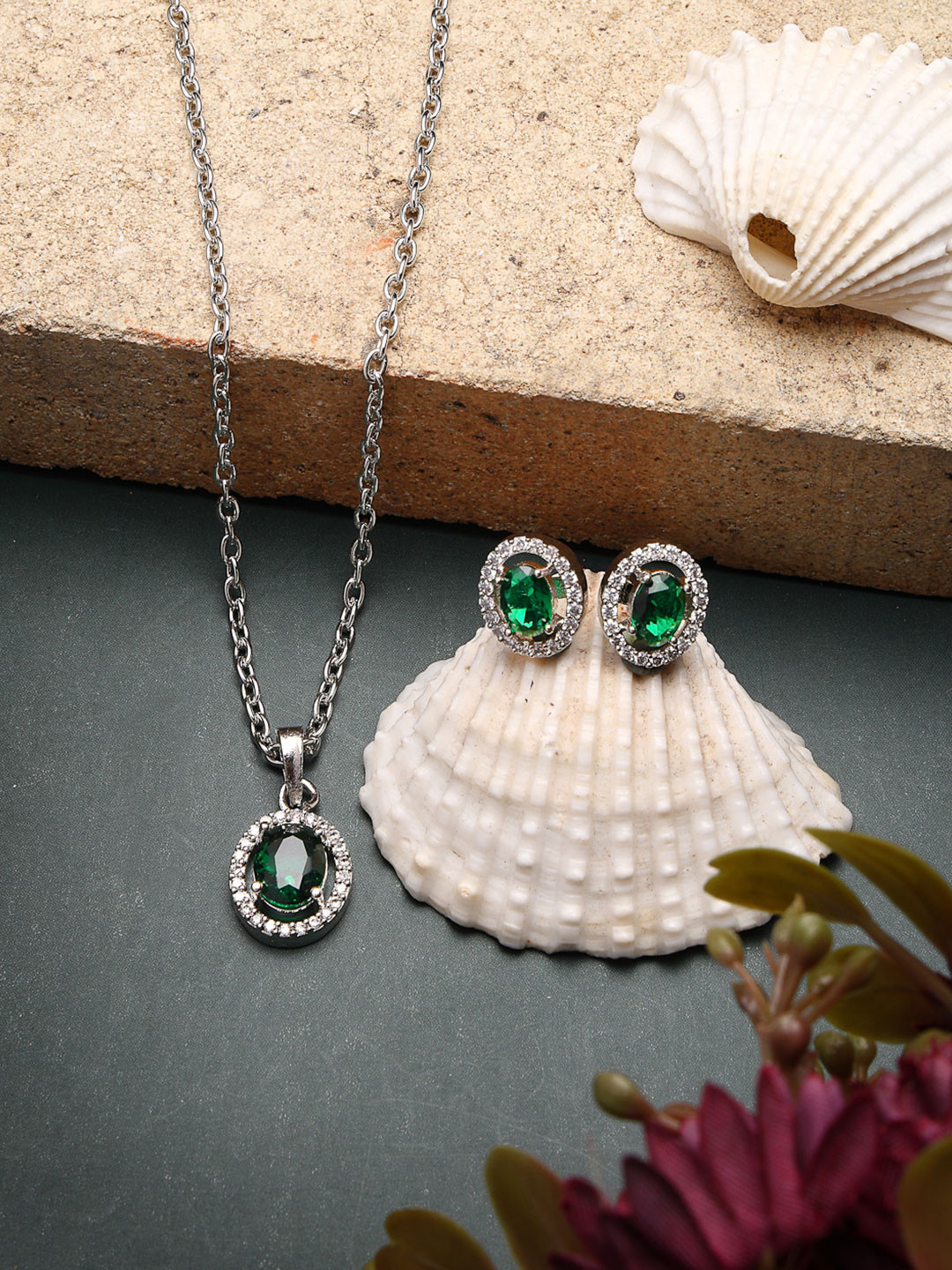 ZENEME Rhodium Plated Silver Toned Ad Studded Green Round Pendant Chain With Earrings Set