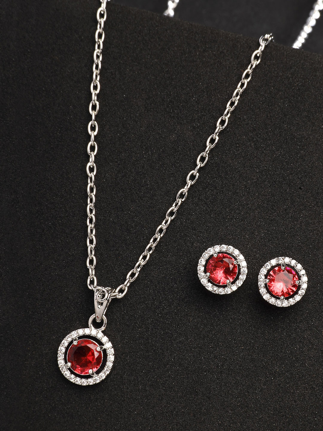 ZENEME Rhodium Plated Silver Toned Ad Round Red Pendant Chain With Earrings Set