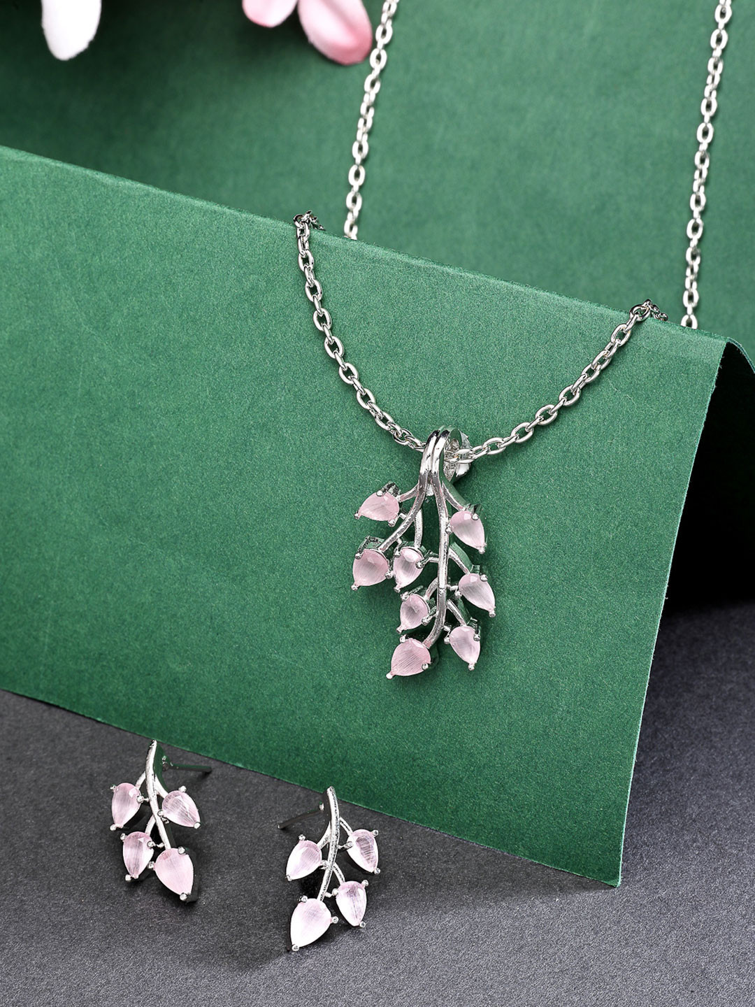ZENEME Rhodium Plated Pink American Diamond Studded Leaf Pendant Chain & Earring Set