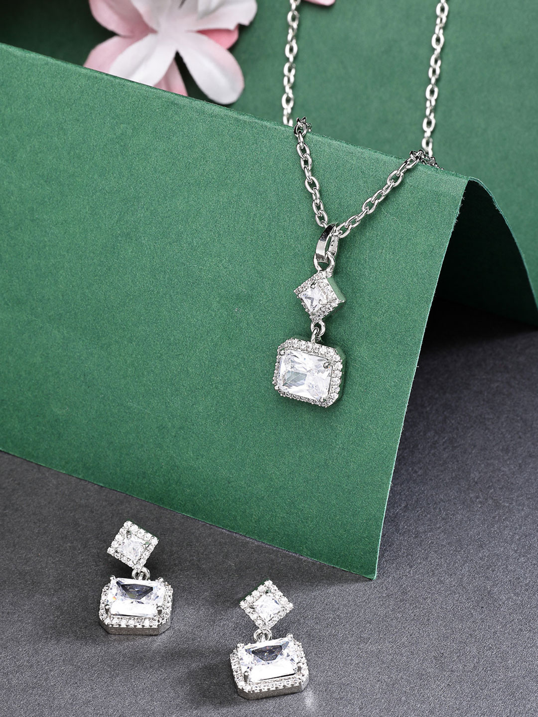 ZENEME Rhodium Plated Ad Studded Pendant Neck Chain With Earring Set