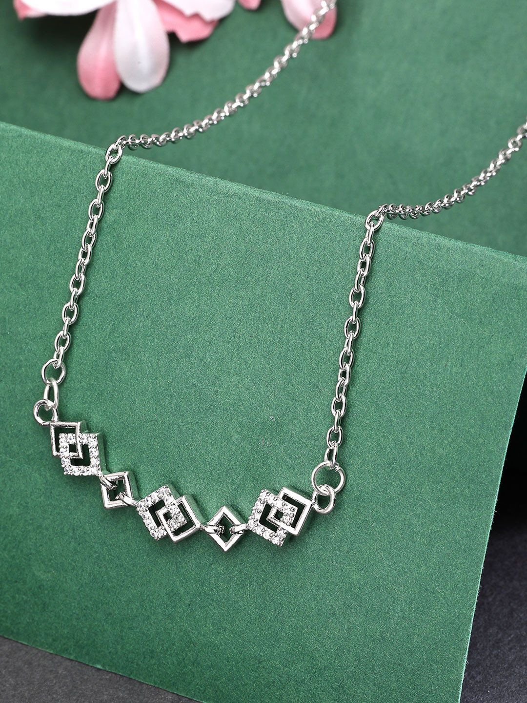 ZENEME Rhodium-Plated American Diamond Square Shaped Pendant With Chain
