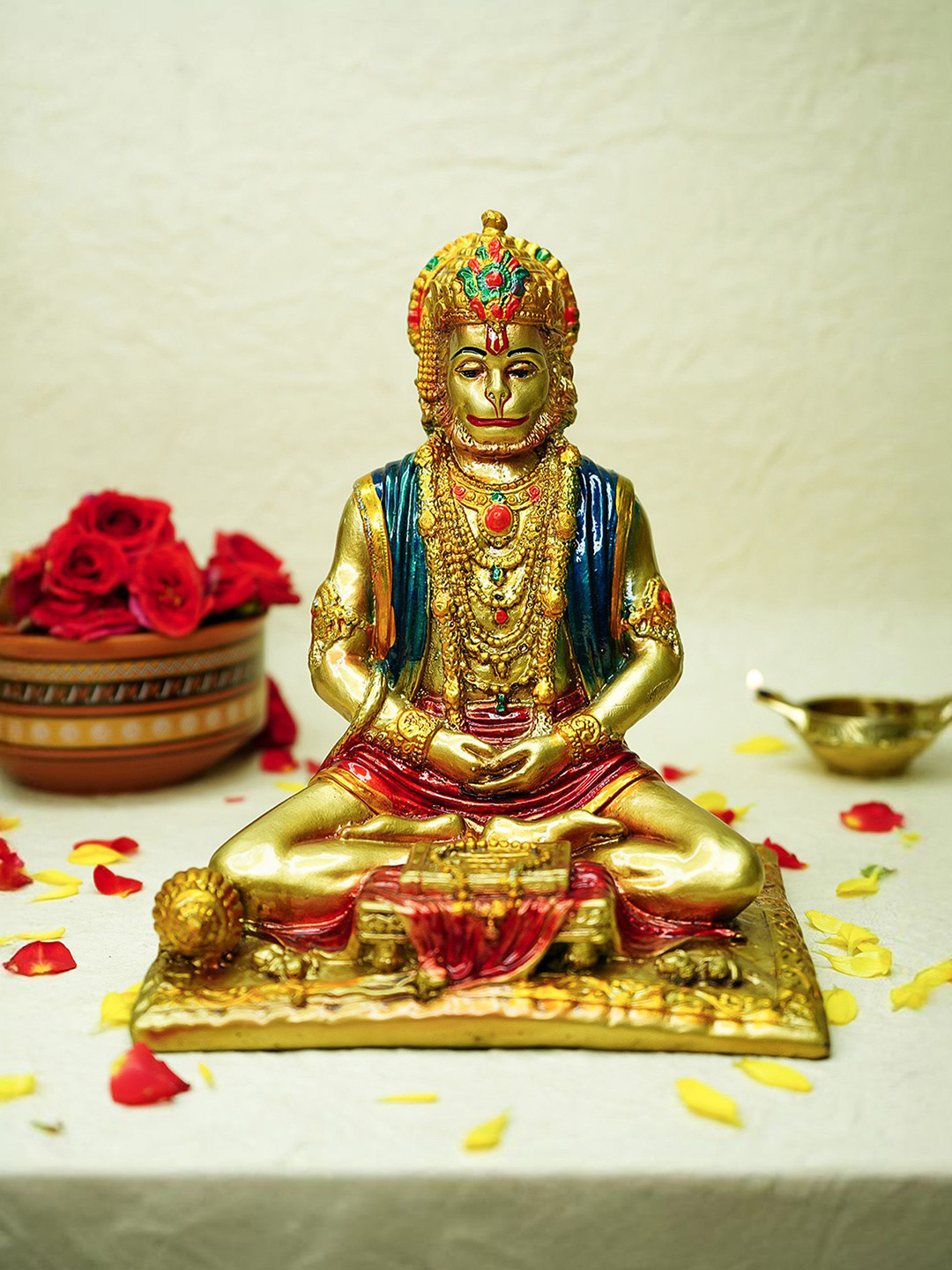 Ekhasa Hanuman Ji Murti Gold Marble Metallic Prayer Room Hand-Painted Small Showpiece - 7.1 Inches