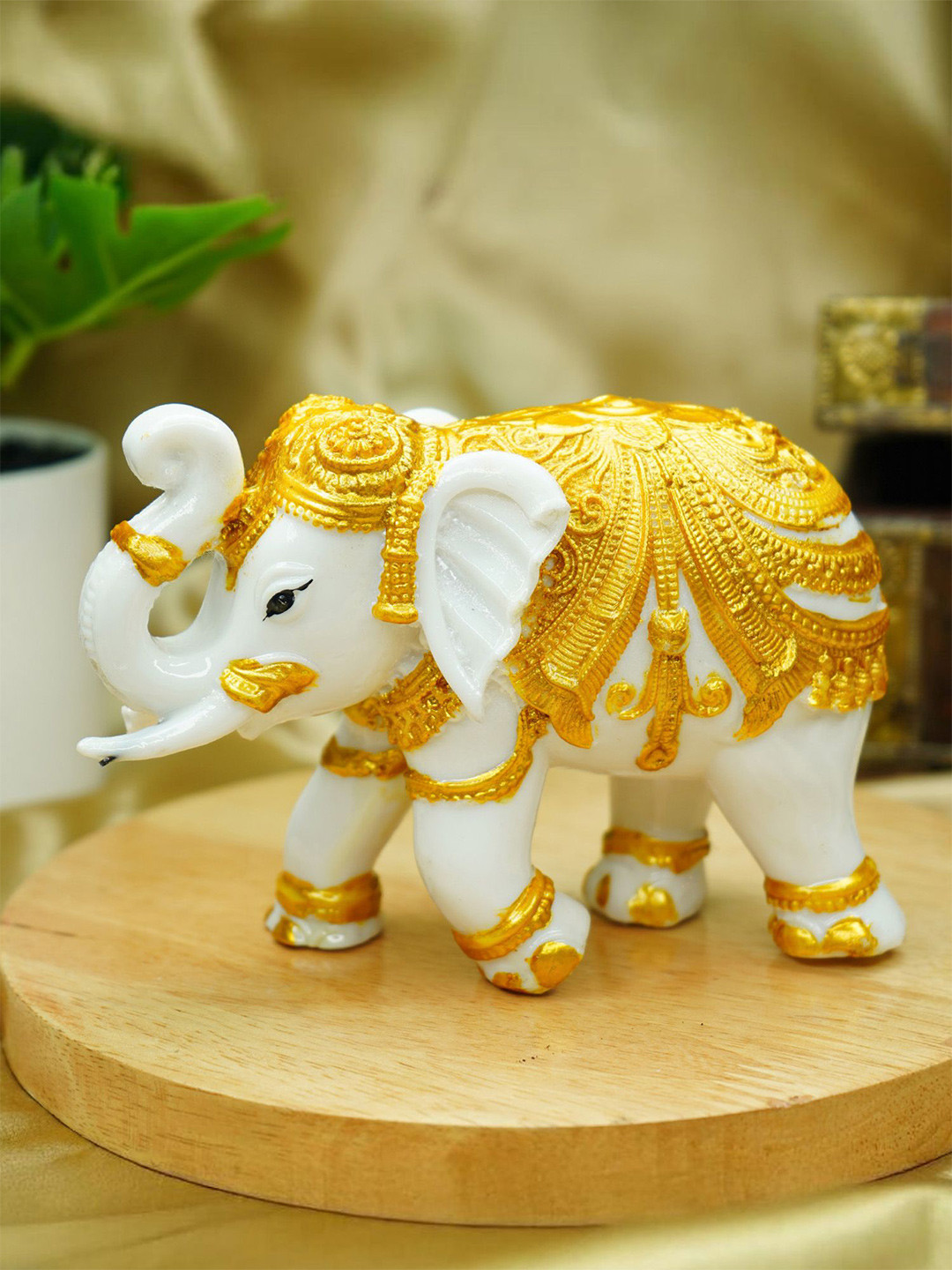 Ekhasa Elephant White Polyresin Glossy Living Room Small Showpiece - 3.9 Inches