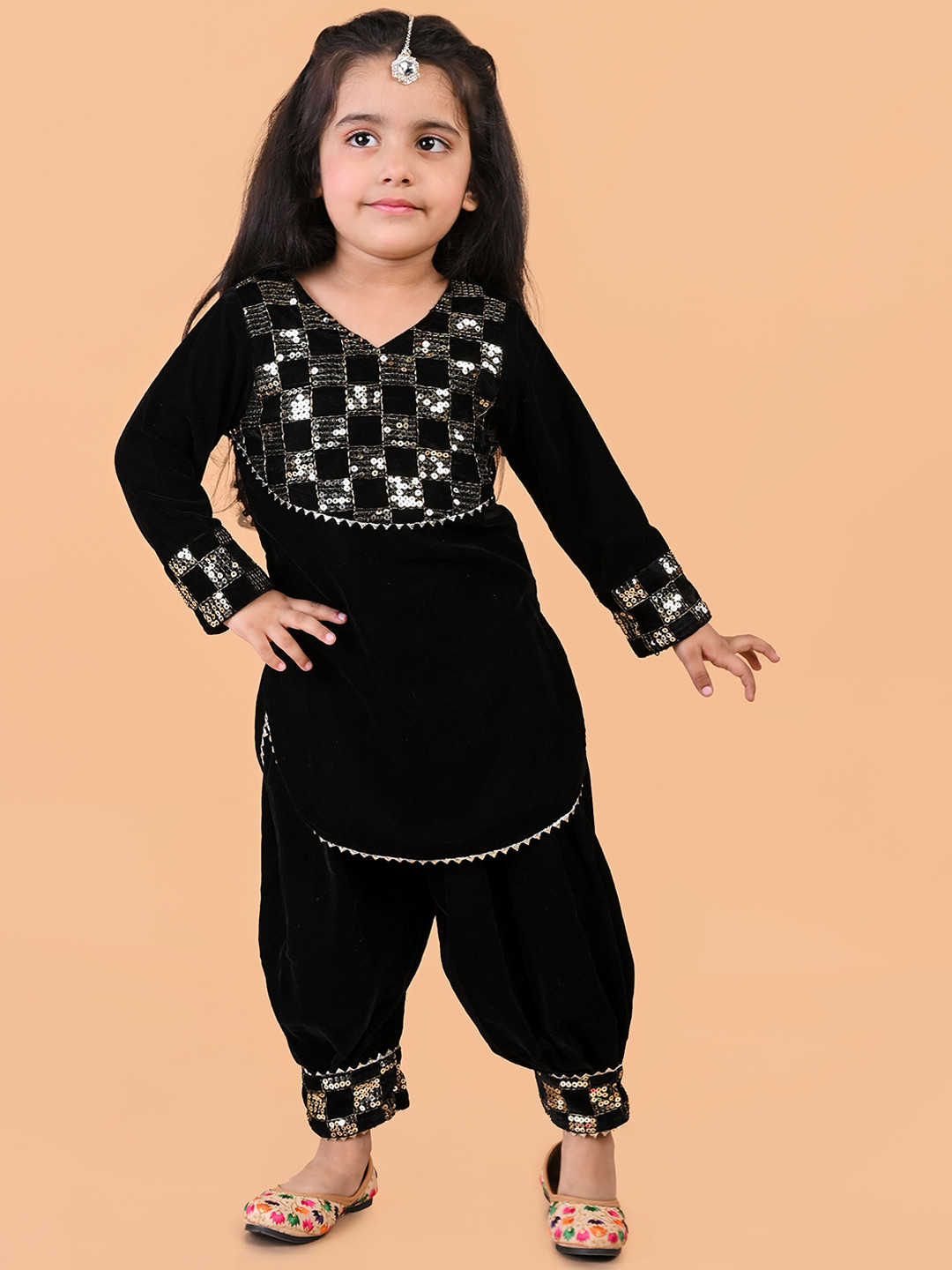 BAESD Girls Checked Embroidered Sequinned Velvet Straight Kurta With Afghani Salwar