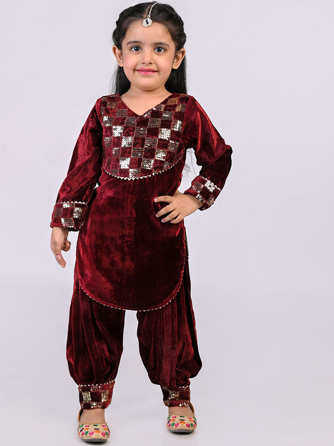 BAESD Girls Sequinned Velvet Straight Kurta With Afghani salwar And Dupatta
