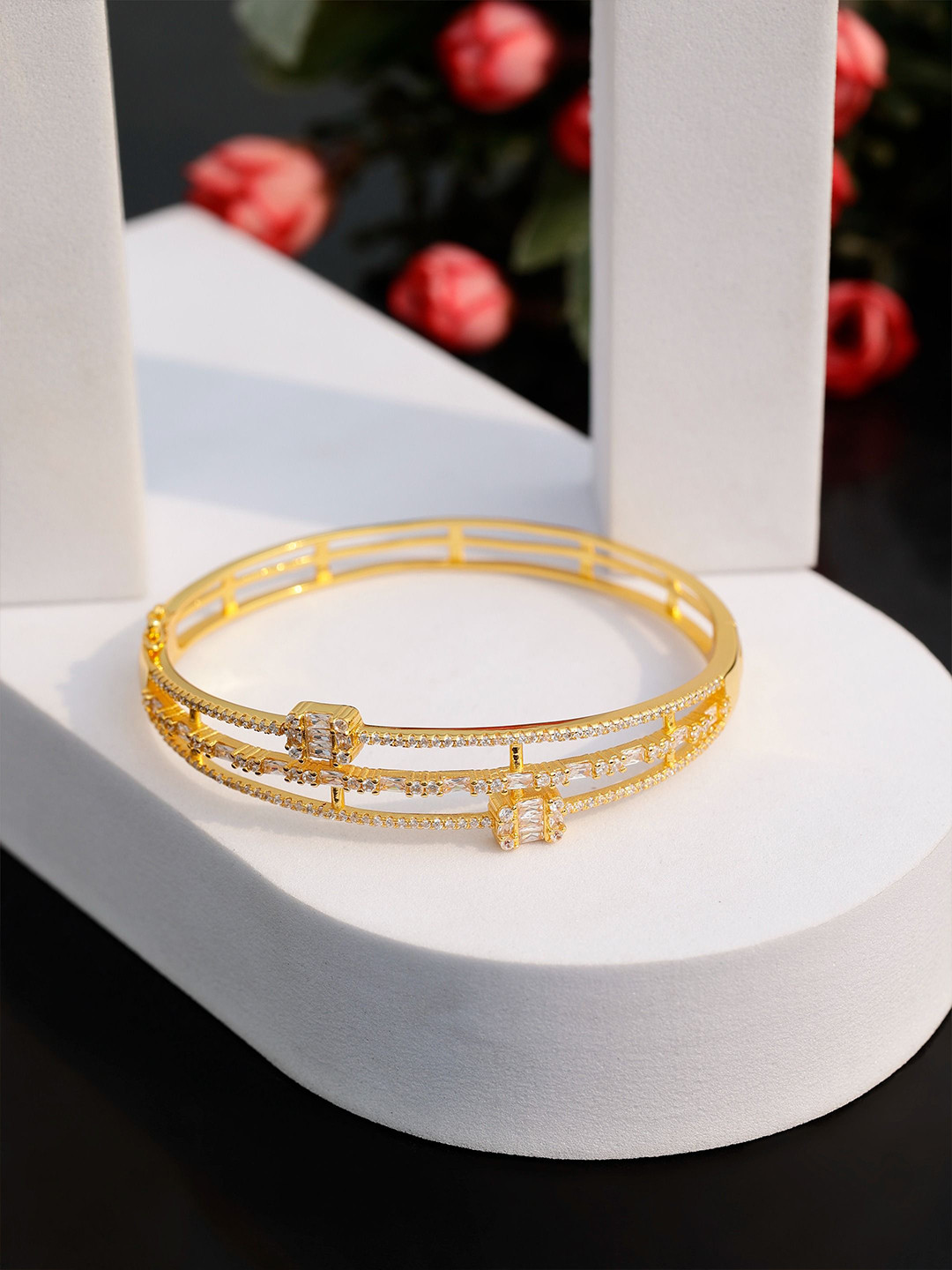 DIAVO Vivian Gold-Plated Silver Cubic Zirconia Layered Kada Bracelet