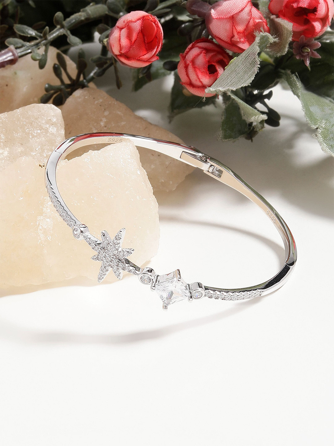 DIAVO Nia Rhodium-Plated Silver Cubic Zirconia Kada Bracelet