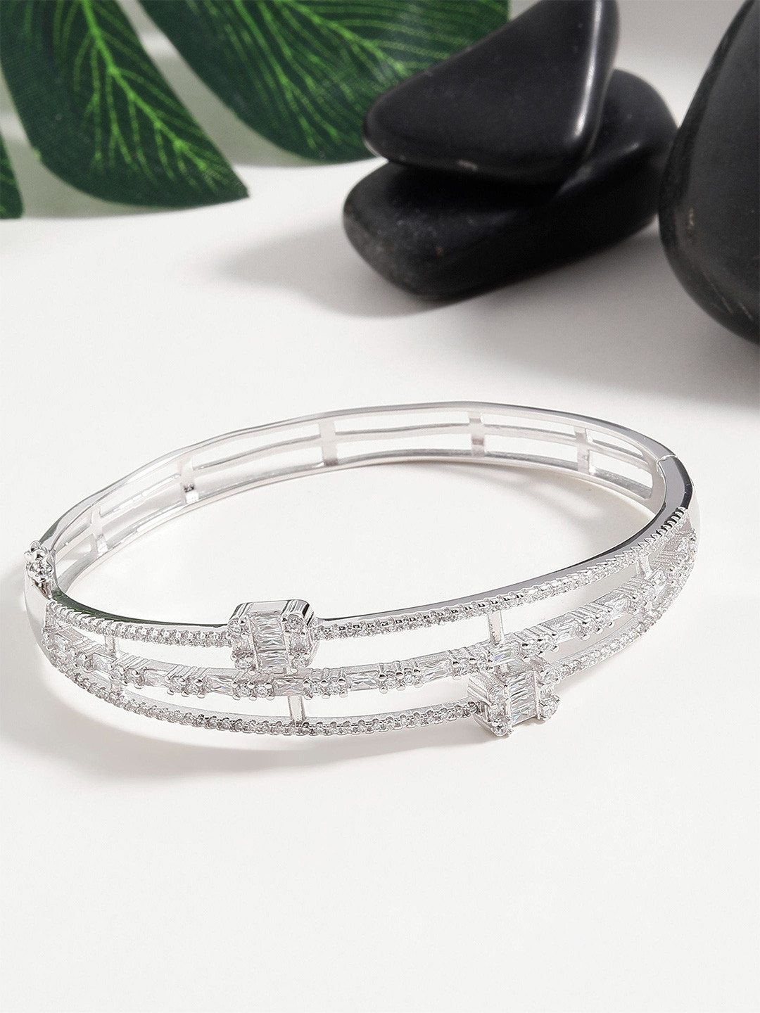 DIAVO Rhodium-Plated Silver Cubic Zirconia Vivian Layered Kada Bracelet