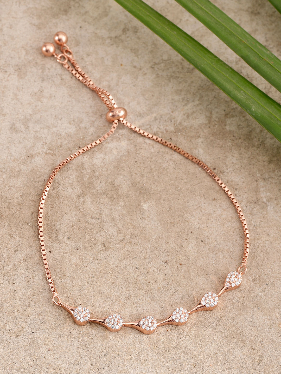 DIAVO Rose Gold-Plated Cubic Zirconia Studded Cascade of Jiva Wraparound Bracelet