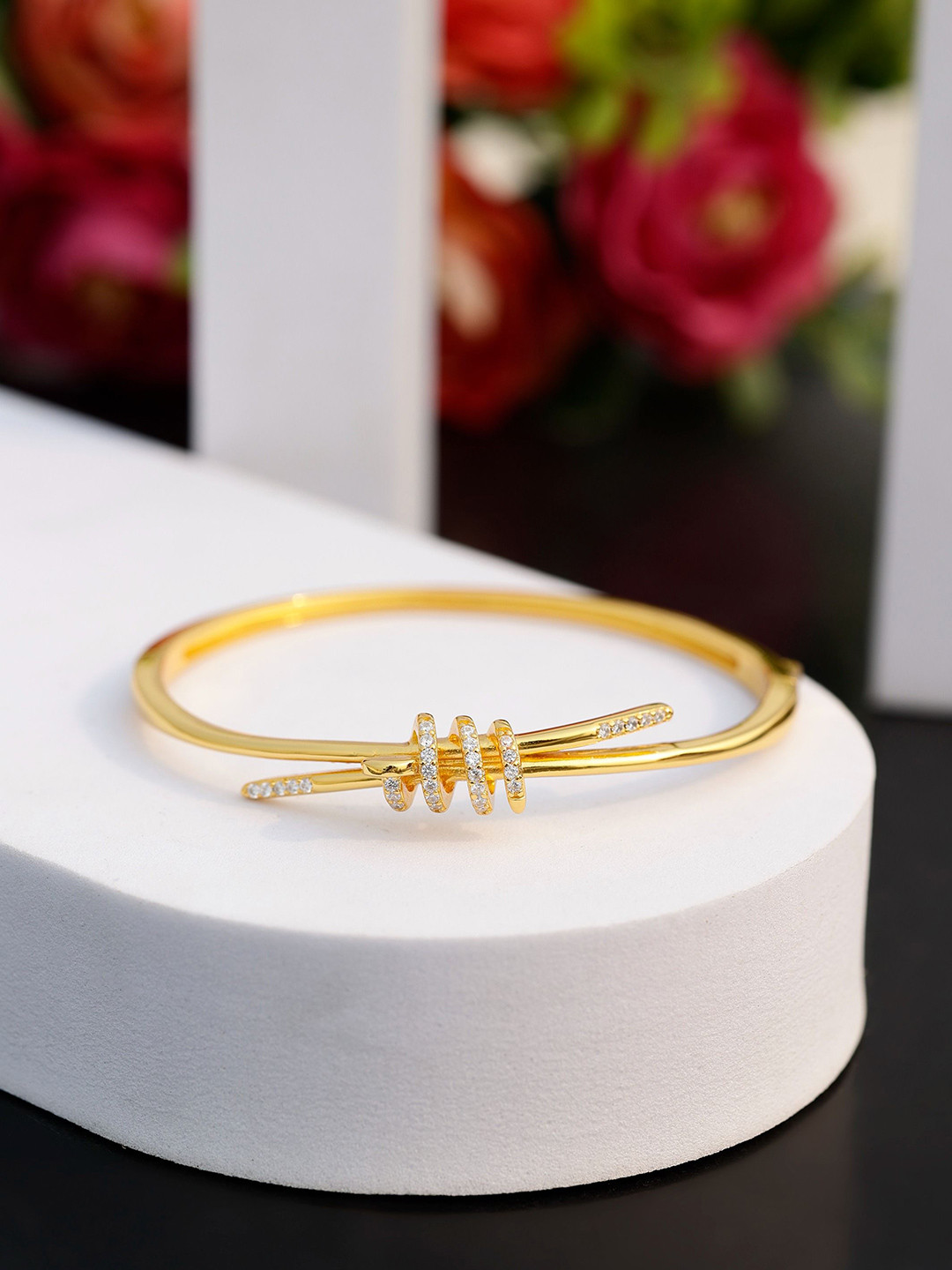 DIAVO Gold Plated Cubic Zirconia Studded The Ezra Twist Bangle-Style Bracelet