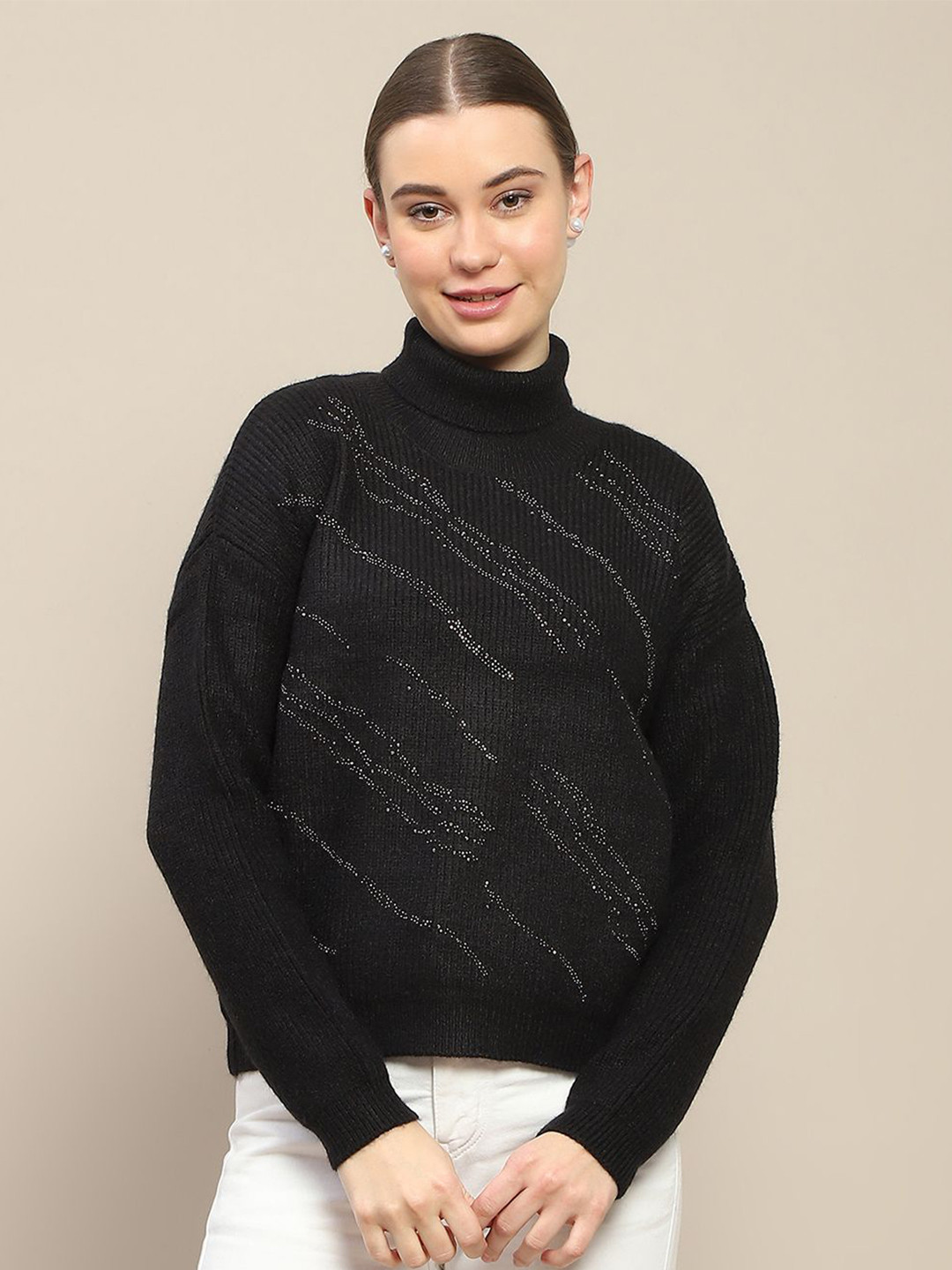 Madame Women Fashion Turtle Neck Ribbed Pullover Sweater