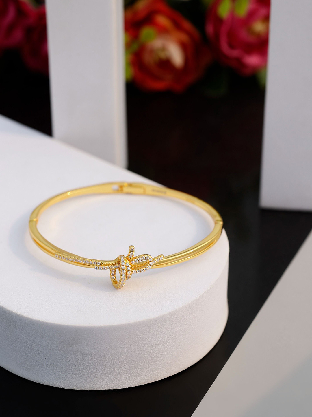 DIAVO Gold Plated CZ Studded Timeless Zara Knot Bangle-Style Bracelet
