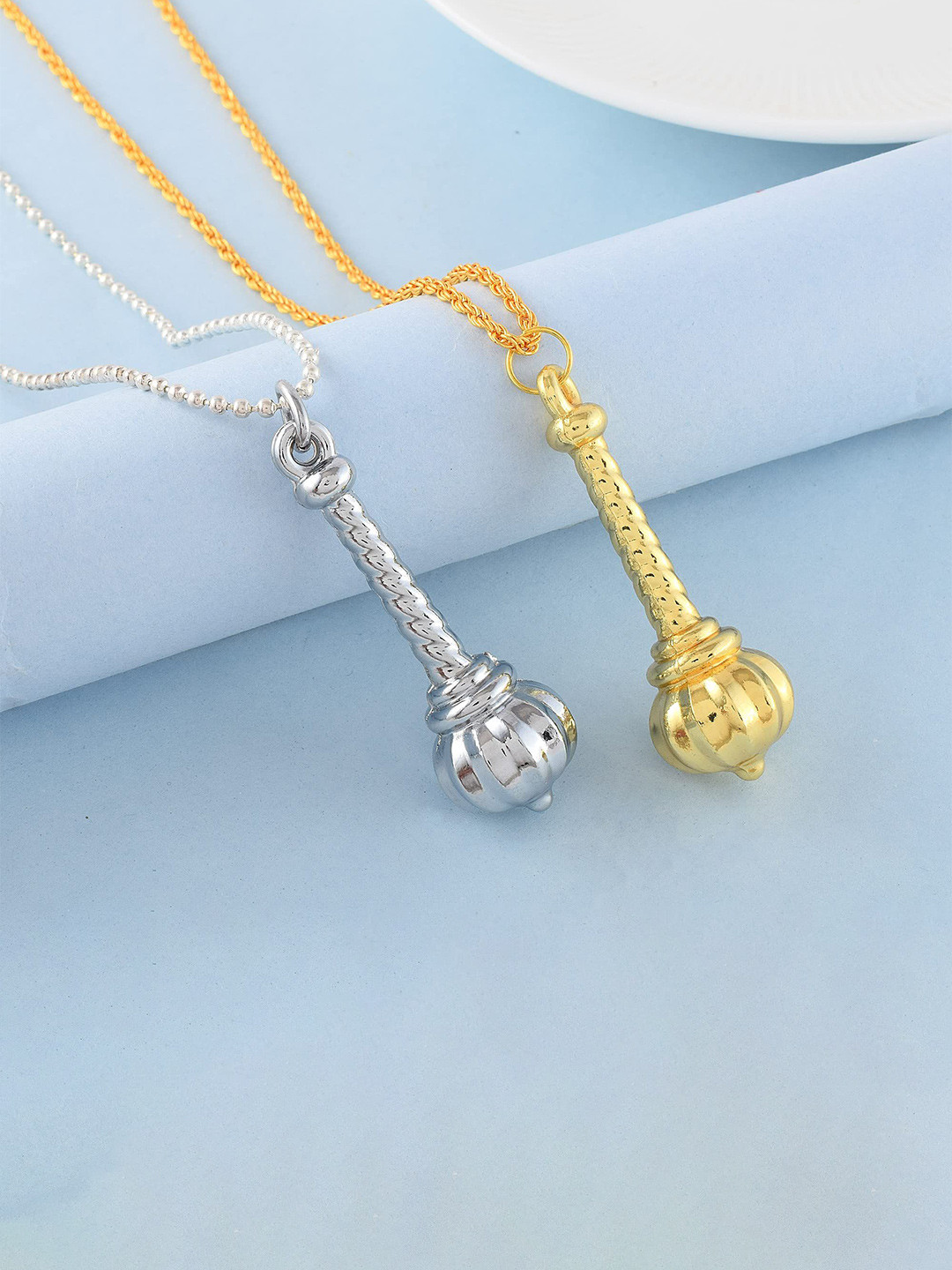 MEMOIR Set Of 2 Gold & Silver Plated Hanuman Gada Pendants With Chains