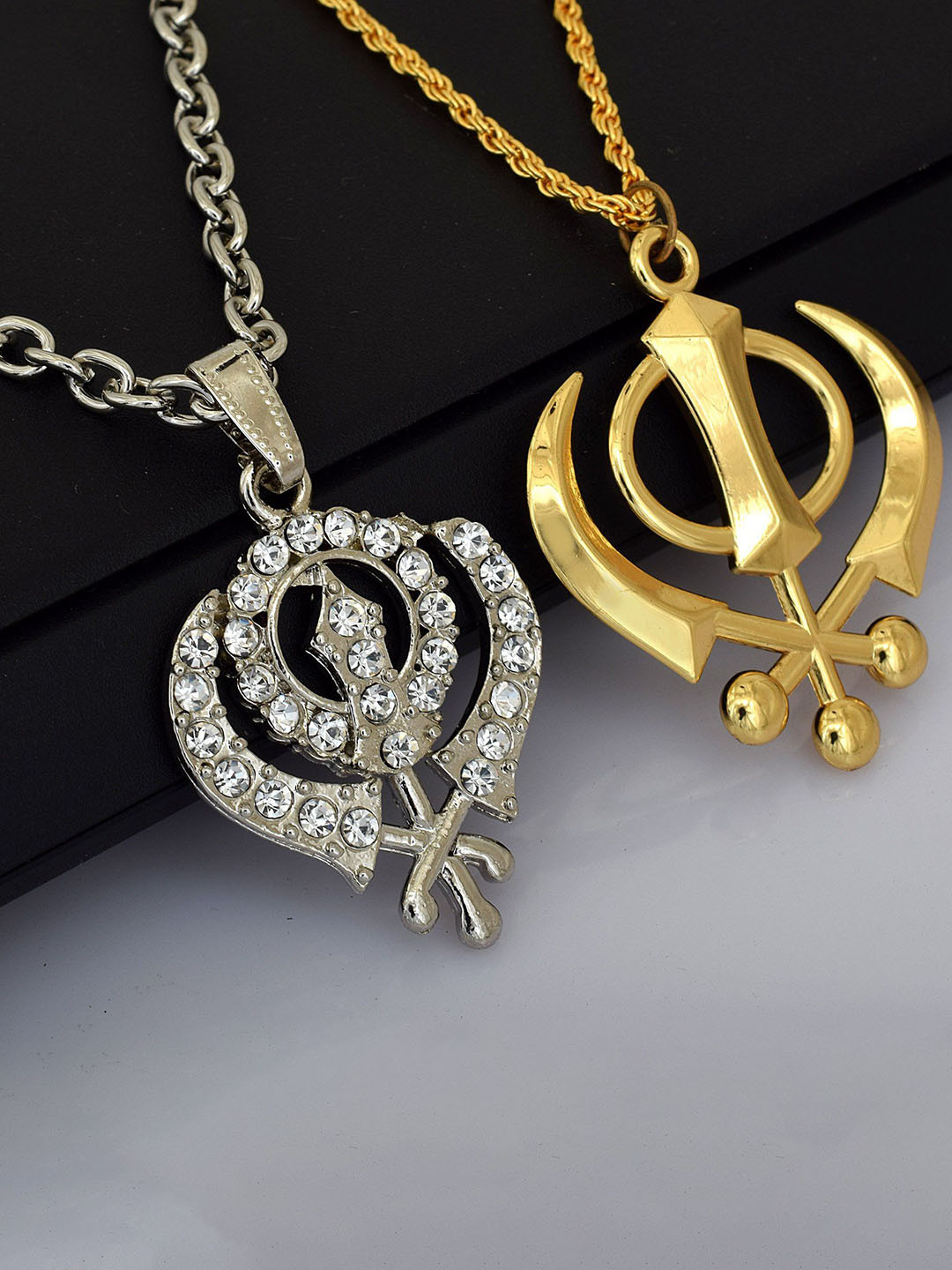 MEMOIR Set Of 2 Gold-Plated Circular-Charm Stone-Studded Pendants with Chains