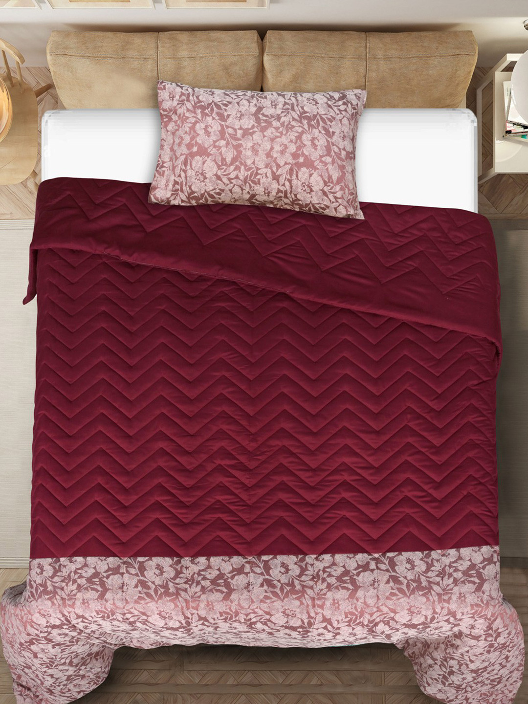 Saral Home Rose Floral Cotton 400 GSM Reversible Single Bed Quilt with 1 Pillow Cover