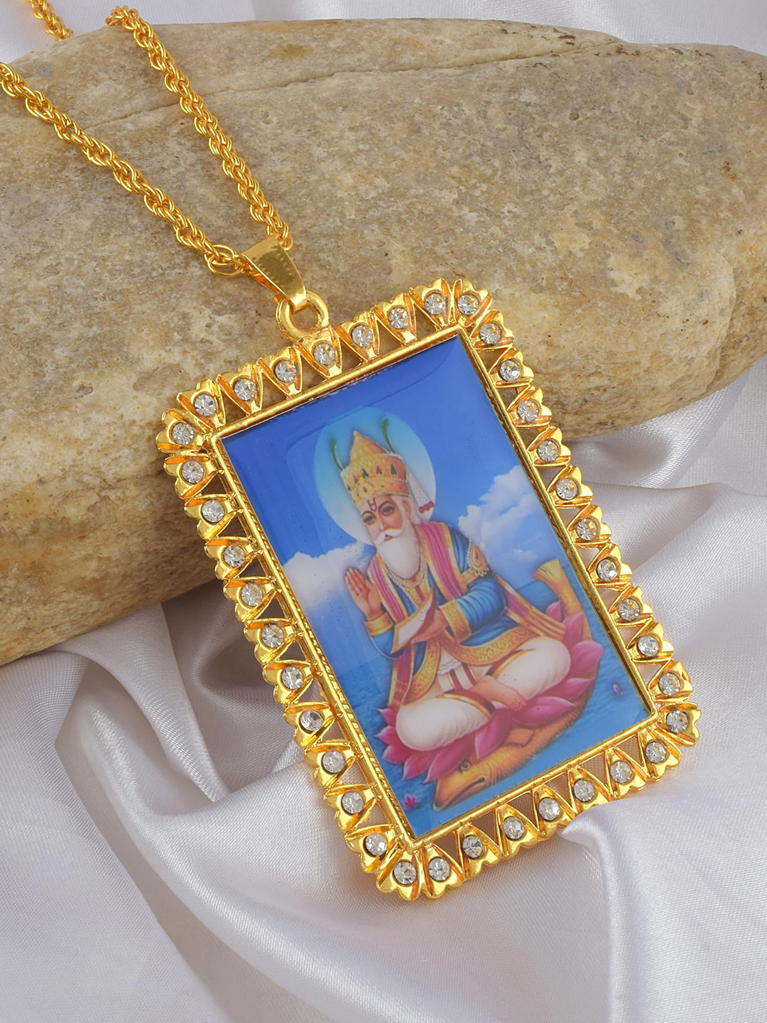 MEMOIR Unisex Gold-Plated CZ Stone Studded Jhulelal Pendant With Chain