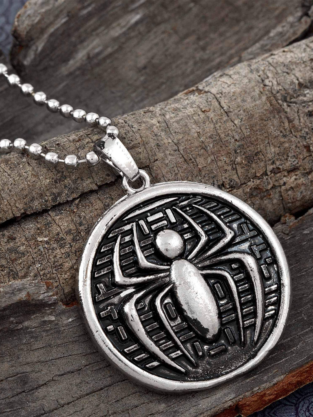 MEMOIR Unisex Silver Plated Spider & Web Circular Charm Pendant With Chain