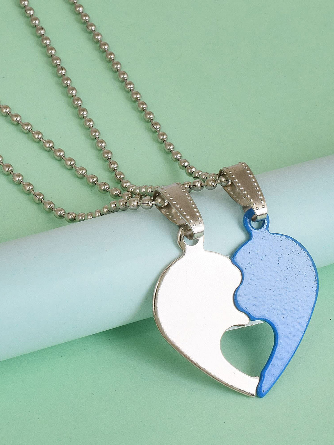 MEMOIR Unisex Set Of 2 Silver-Plated Split Heart Shaped Pendants With Chains