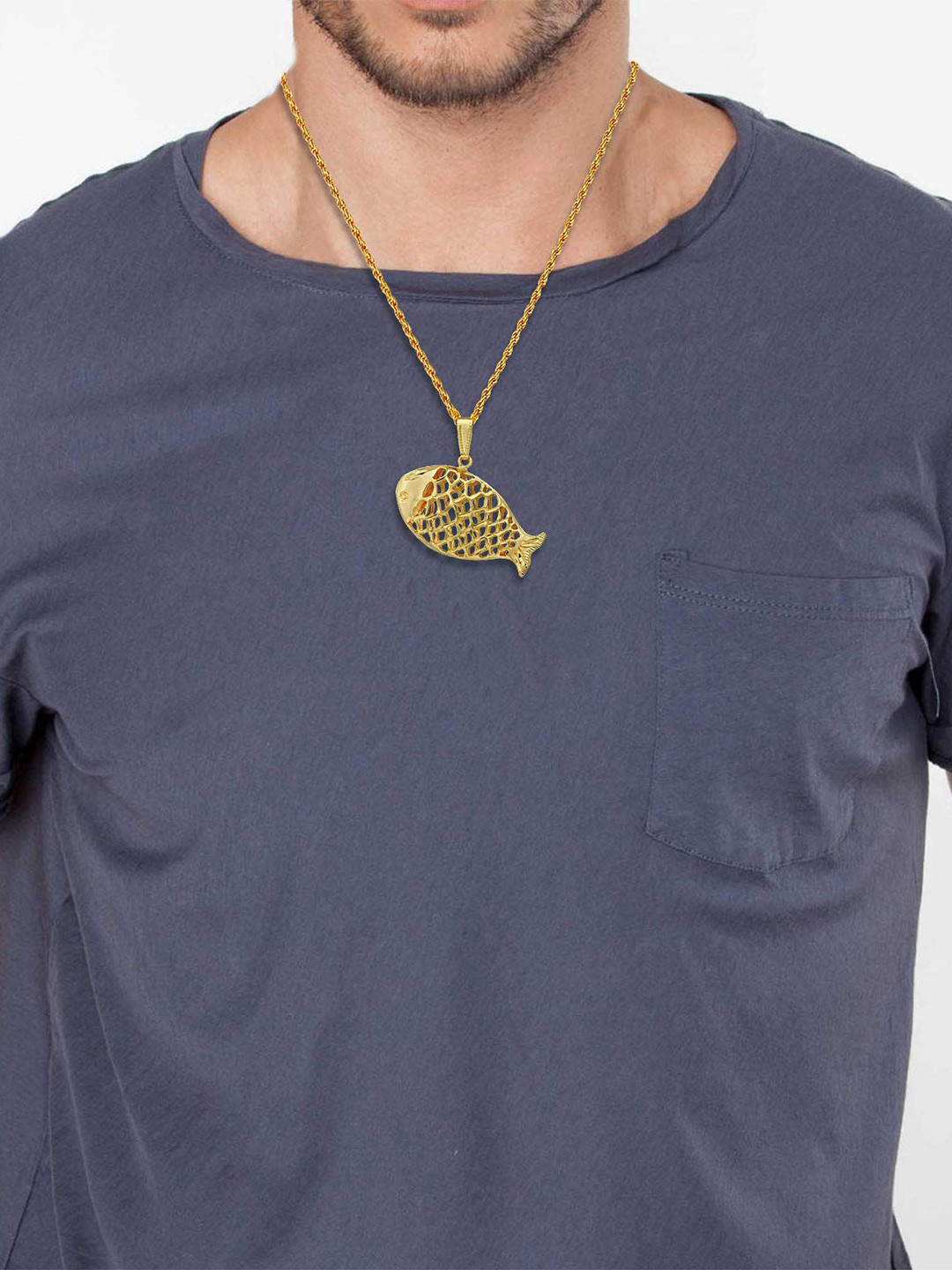 MEMOIR Unisex Gold Plated Fish Shape Charm Pendant With Chain