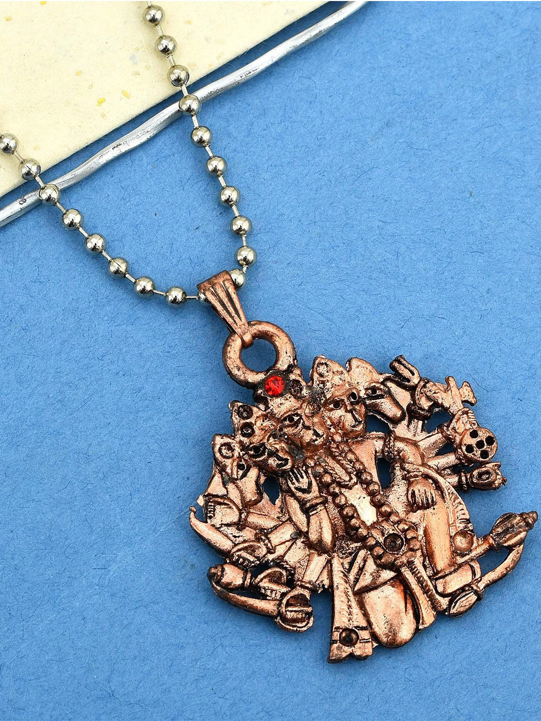 MEMOIR Unisex Silver-Plated Stone Studded Panchmukhi Hanuman Pendant With Chain