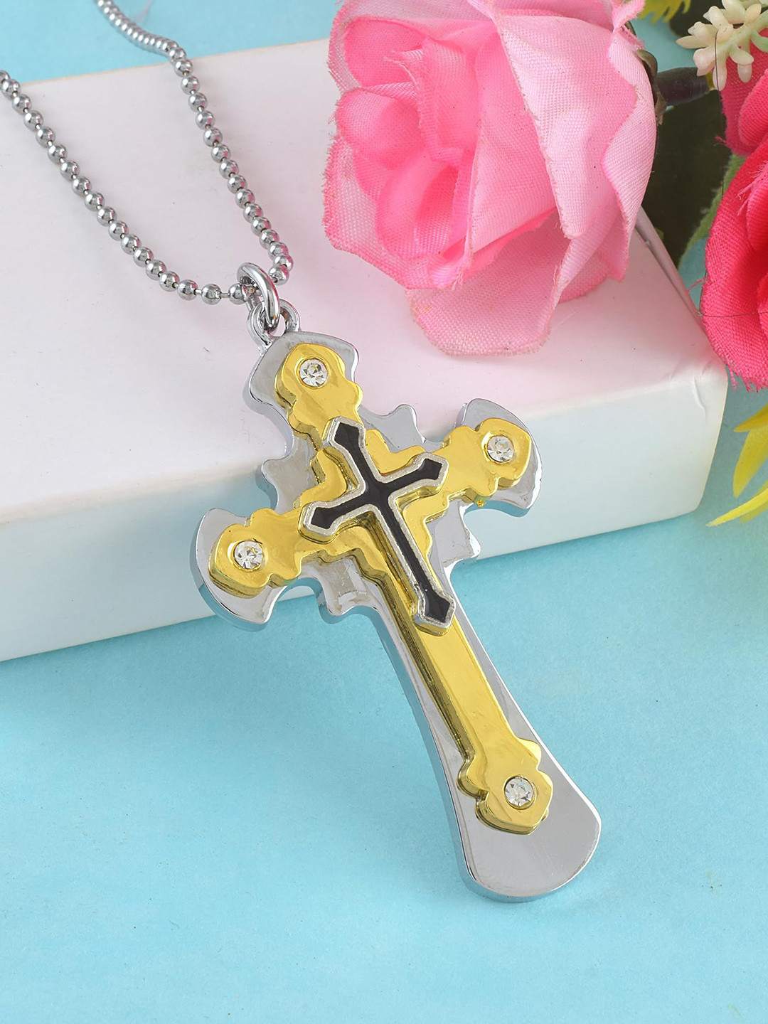 MEMOIR Silver-Plated Stones Studded Jesus Holy Cross Pendant With Chain