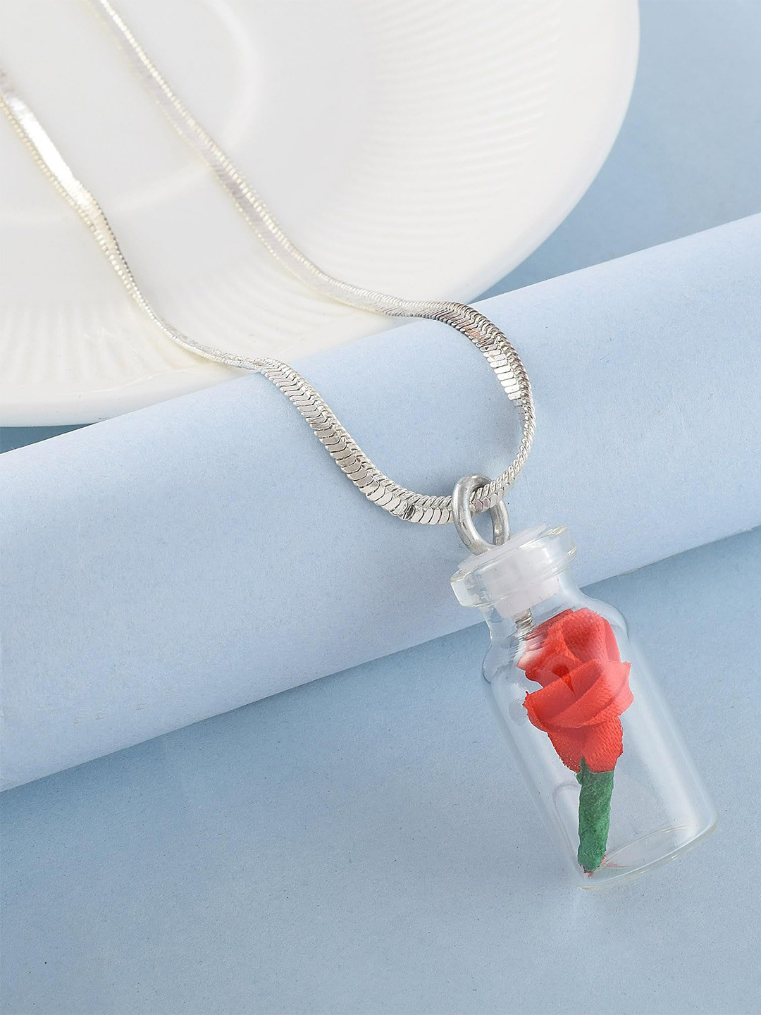 MEMOIR Silver Plated Rose In Miniature Glass Bottle Pendant With Chain