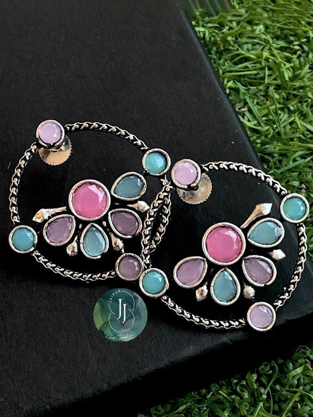 DEGHLAM Silver Plated Floral Shaped Oxidised Drop Earrings