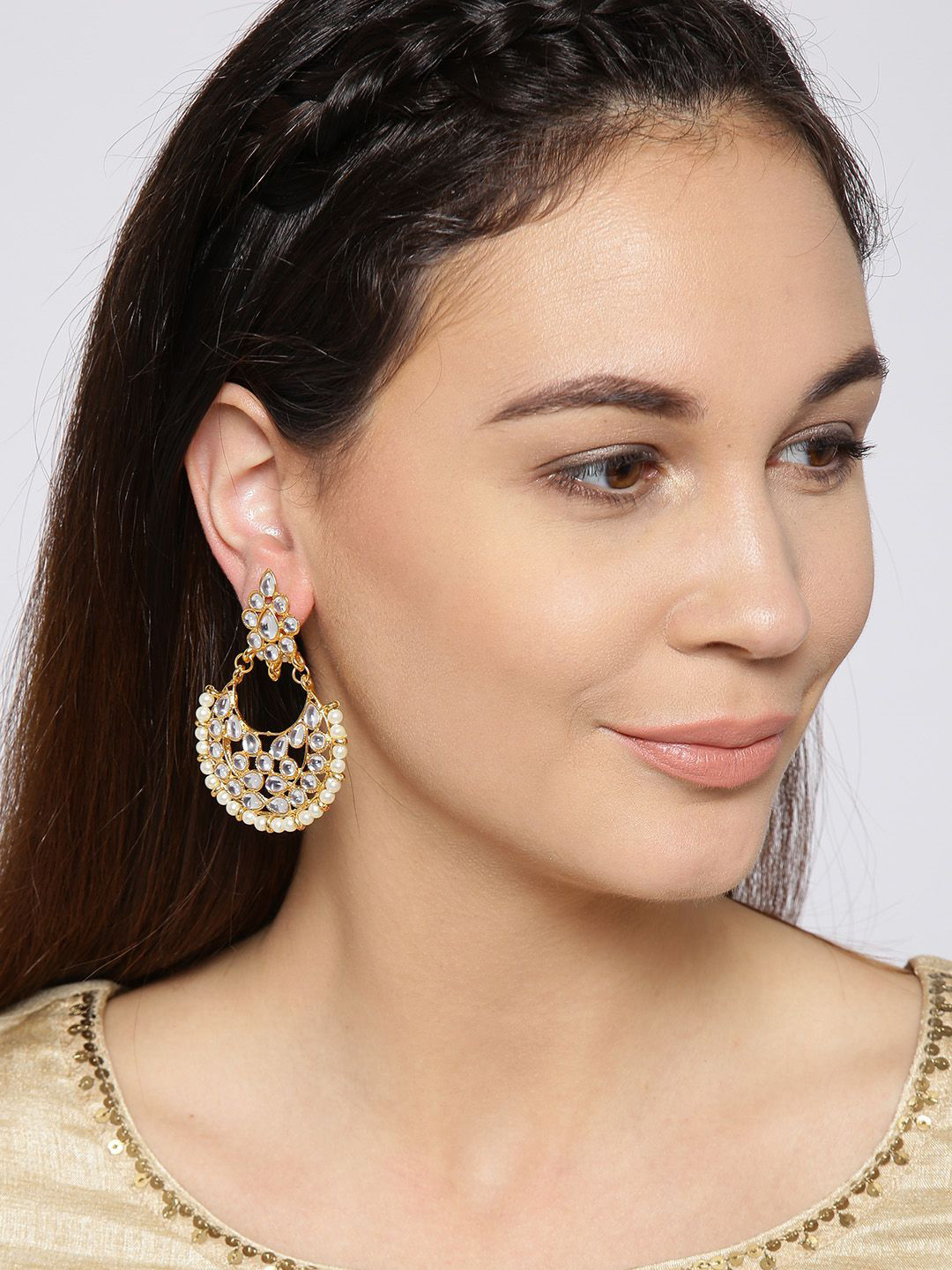 DIVASTRI Gold-Plated Artificial Stones Studed And Beaded Crescent Chandbalis Earrings