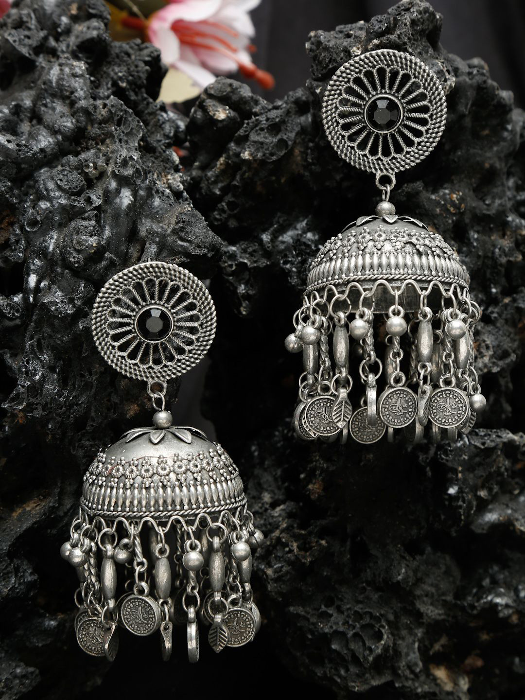 DIVASTRI Silver-Plated Artificial Stones Dome Shaped Charms Oxidised Jhumkas