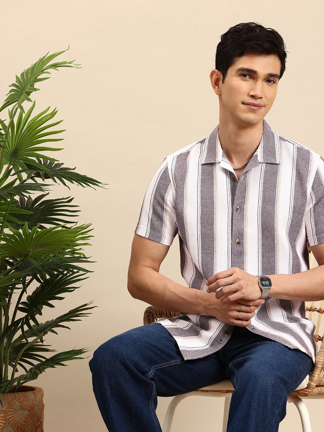 Mast & Harbour Striped Waffle Textured Casual Shirt