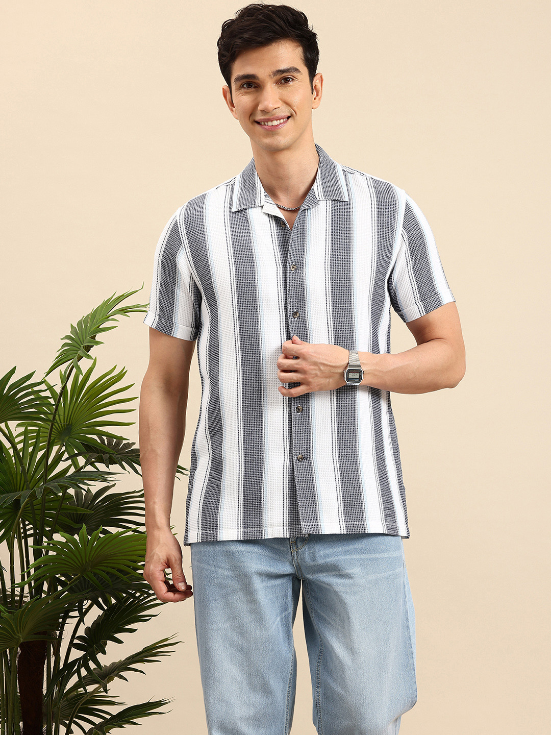 Mast & Harbour Striped Waffle Textured Casual Shirt