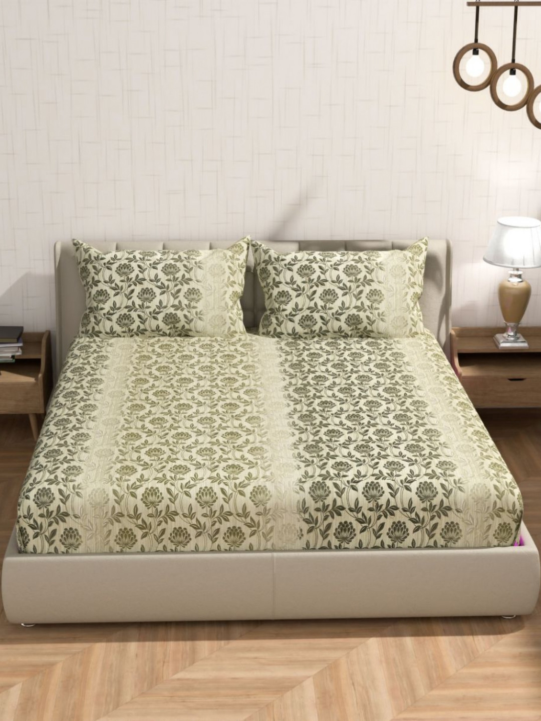 Florida Olive Floral Pure Cotton Breathable 300 TC Fitted Queen Fine Bedsheet with 2 Pillow Covers-72 x 77 inches
