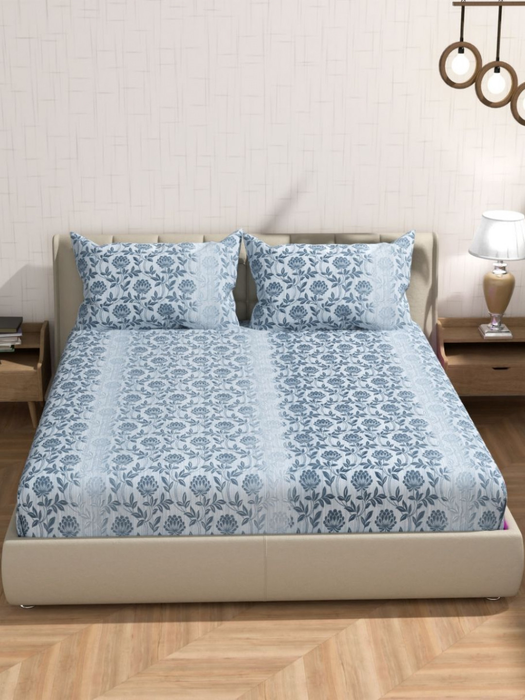 Florida Pearl Blue Floral Cotton 300 TC King Fine Bedsheet with 2 Pillow Covers-90 x 108 inches