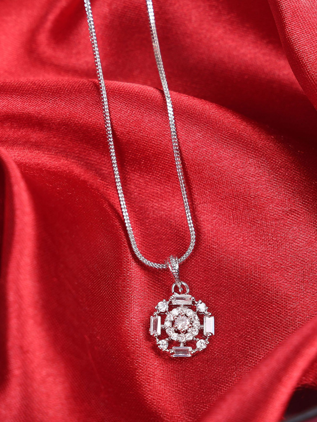 DEGHLAM Silver-Plated Stone Studded Circular Brilliance Cascade Pendant With Chain