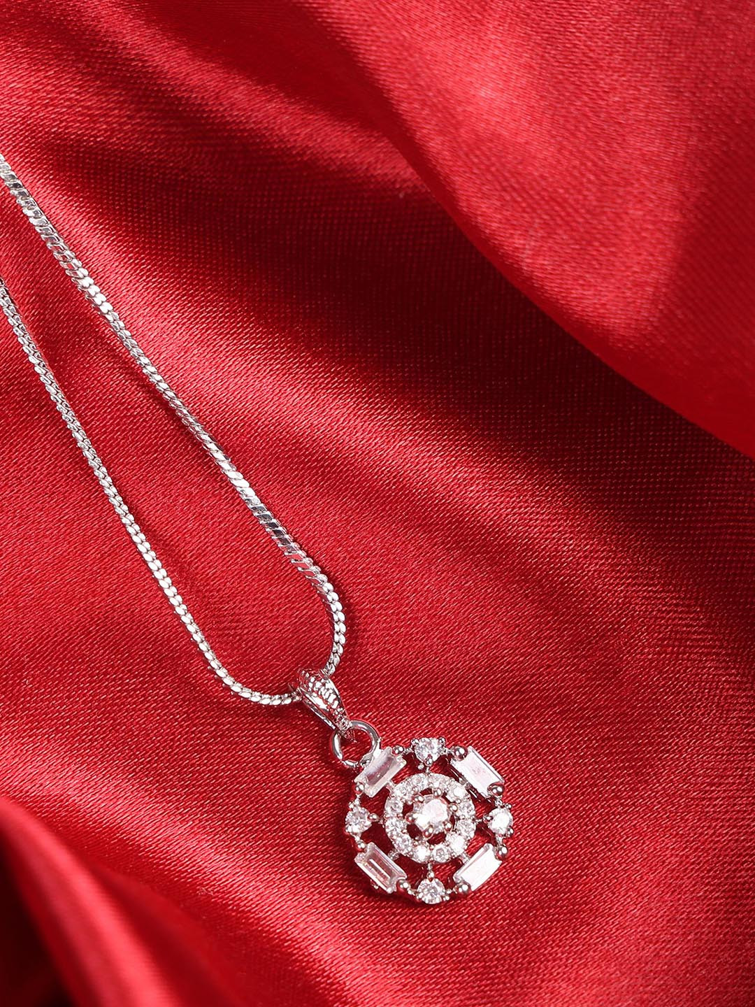 DEGHLAM Silver-Plated Stone Studded Circular Aurora Borealis Pendant With Chain