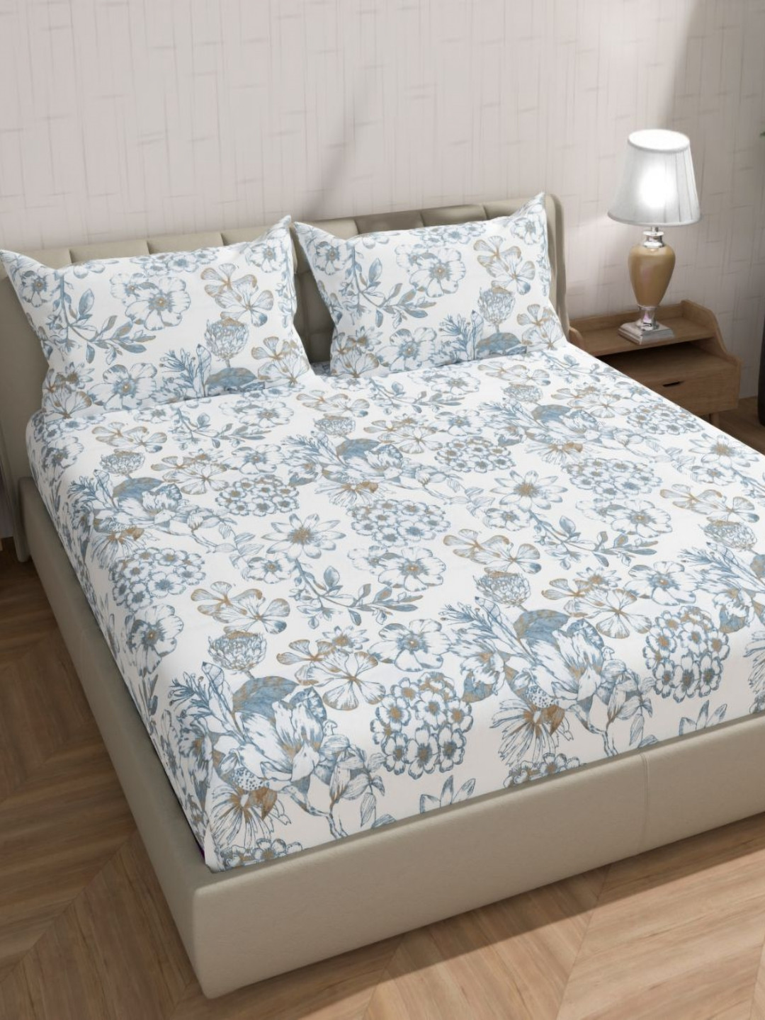 Florida Blue Floral Pure Cotton Skin-Friendly 300 TC King Fine Bedsheet with 2 Pillow Covers-90 x 108 inches