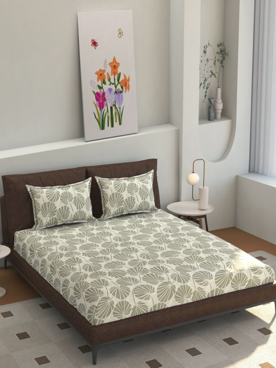 Florida Florida Eclairs Sea Green Leaf Polycotton 200 TC Fitted Queen Fine Bedsheet with 2 Pillow Covers-72 x 78 inches