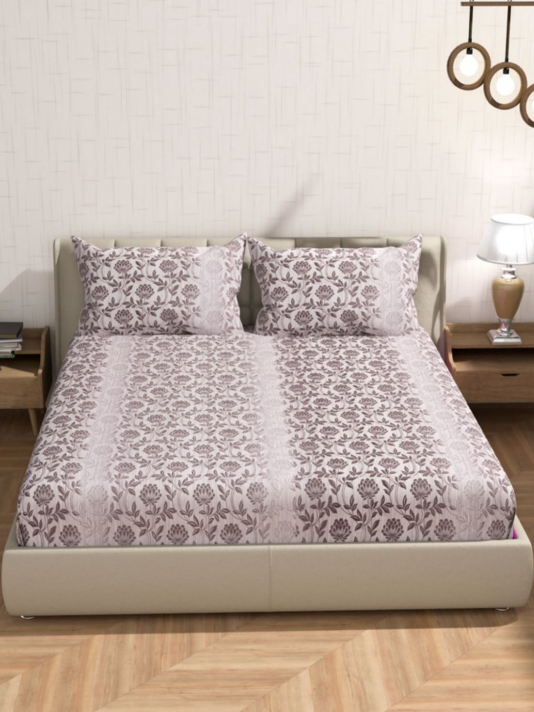 Florida Pearl Mauve Floral Pure Cotton 300 TC Fitted Queen Fine Bedsheet with 2 Pillow Covers-72 x 78 inches