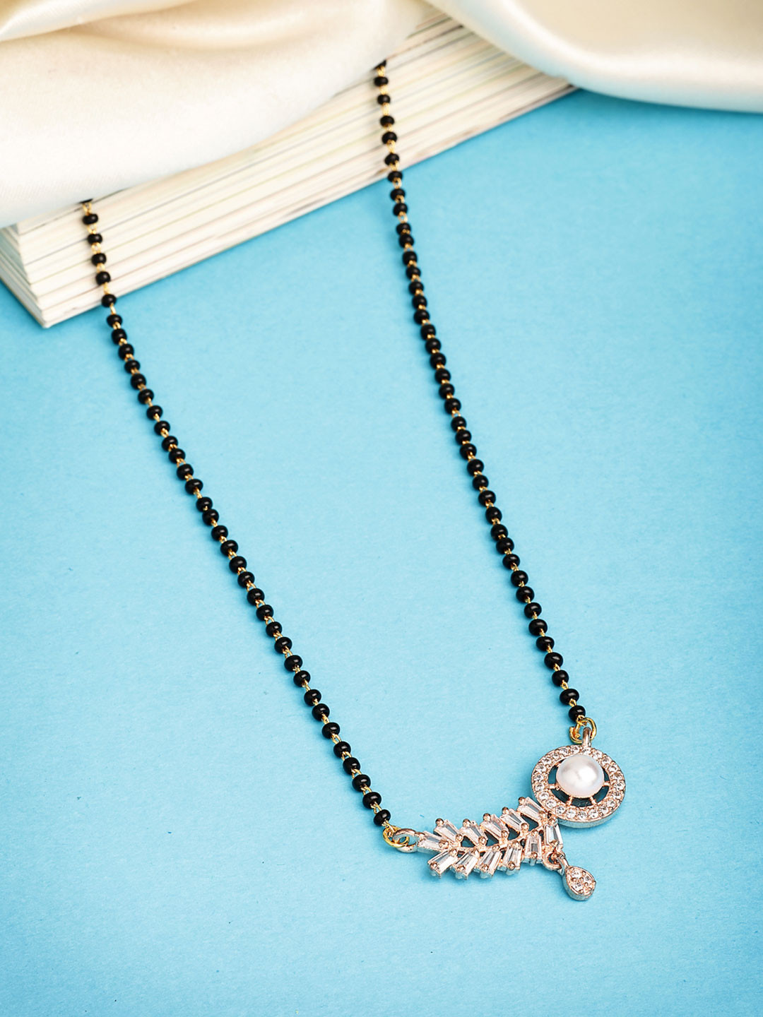 ZENEME Rose Gold-Plated American Diamond Studded Black Beads Mangalsutra