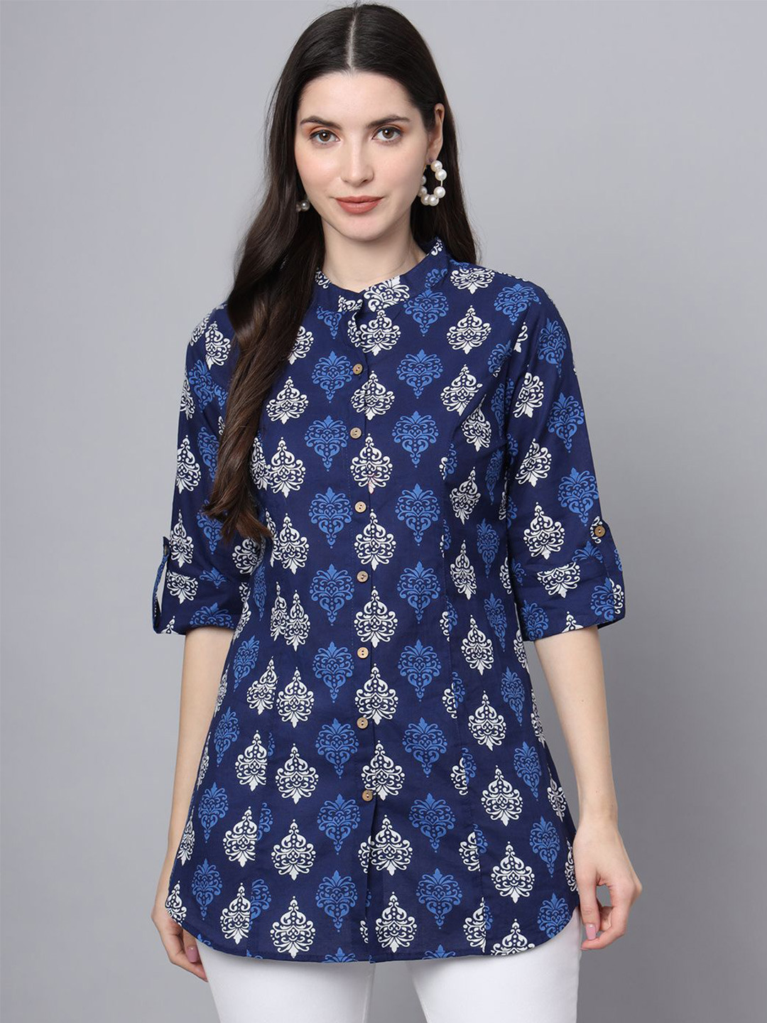 KALINI Women Ethnic Motifs Mandarin Collar Roll-Up Sleeves Ethnic Cotton Top