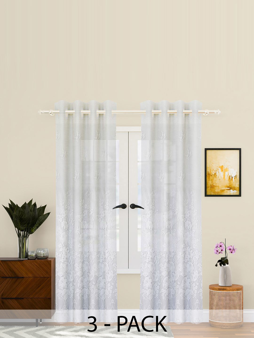 Kuber Industries White 3 Pieces Floral Embroidery Sheer Door Curtain