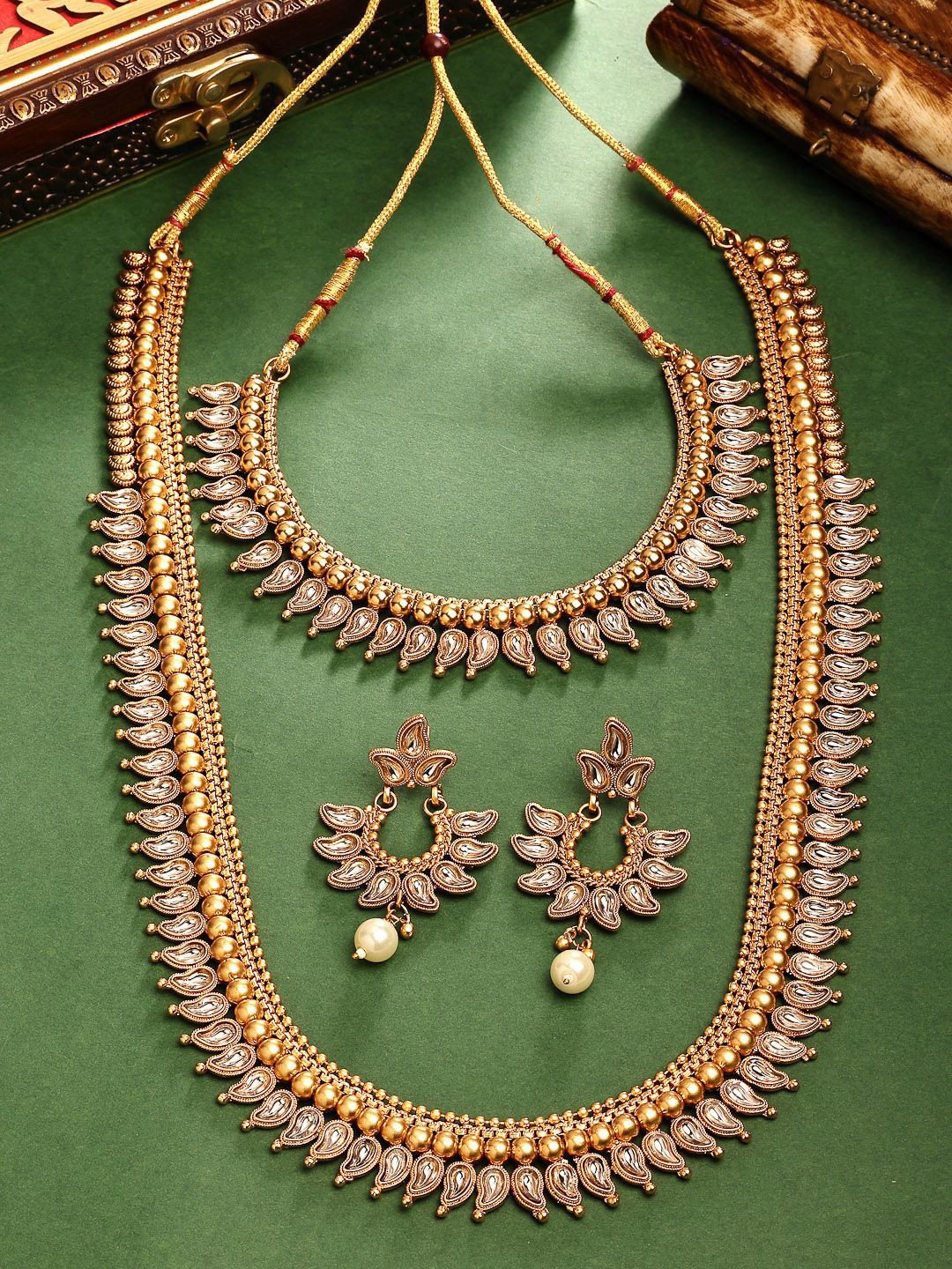 ZENEME Gold-Plated Maharani Haar Necklace with Earrings Festive Bridal Jewellery Set