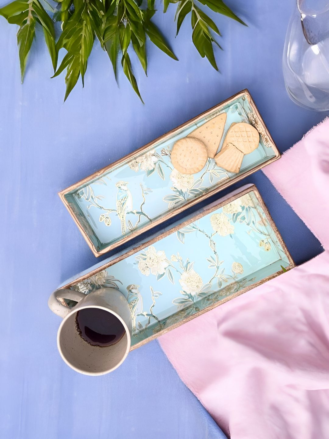DULI Blue 2 Pieces Floral Rectangle Enamel Coated Wood Easy To Clean Serving Tray