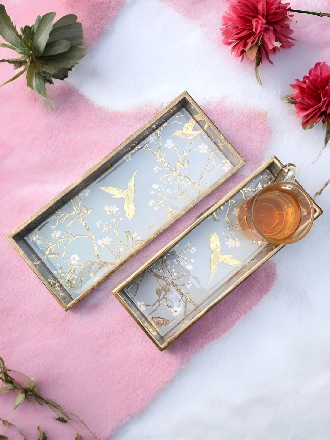 DULI Silver-Toned 2 Pieces Printed Rectangle Enamel Coated Wood Easy to Clean Serving Tray